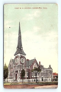 Postcard First M.E. Methodist Episcopal Church Cambridge OH Street View 1908 - Picture 1 of 3