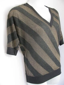 Sans Souci Womens Medium Brown Black Striped Blouse 3/4 Dolman Sleeve V Neck NWT - Picture 1 of 13