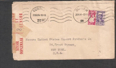 South Africa 1944 WWII censor cover Monarch Clothing Durban to US Export Prod NY - Image 1 of 2