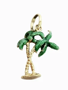 14k Yellow Gold Green Enamel Double Palm Trees Charm - Picture 1 of 4