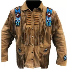 Handmade Beads Men's Cowboy Suede Leather Jacket American Western Fringes Jacket - Picture 1 of 4