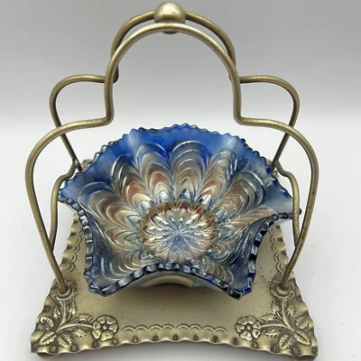 Fenton Bride's Basket-Ruffled Glass Blue Peacock Tail Bowl & Floral Metal Stand - Image 1 of 4
