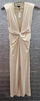 Nuevo Vestido Karen Millen Jersey Crepé Sin Mangas Frontal Abertura Midi Perla Talla Mediana Foto 1 de 4