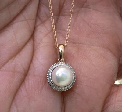 Collar colgante de perlas naturales y diamantes en oro rosa macizo de 10 k de 18 pulgadas #2 Foto 1 de 4