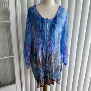 Virtuelle Blouse Women 20 Blue Multi Sheer Pleated Floral Tunic Top Button Front - Picture 1 of 13