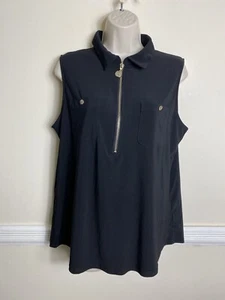 Anne Klein Black Jersey Stretch Front Zip Collared Sleeveless Top Size L - Picture 1 of 10