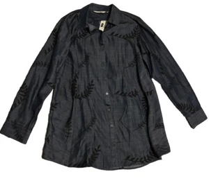 Soft Surroundings Dark Grey Button Down Shirt with Black Embroidered Leaves M - Picture 1 of 2