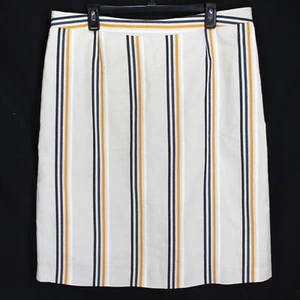 Who Wear What Linen Blend Skirt Womens 14W Ivory Yellow Blue Stripe Back Pleats - Picture 1 of 3
