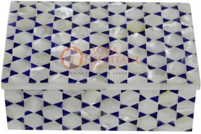 6"x4"x2" Marble Inlaid Jewelry Vintage Box Lapis Mop Mosaic Art Halloween Gift - Image 1 of 4