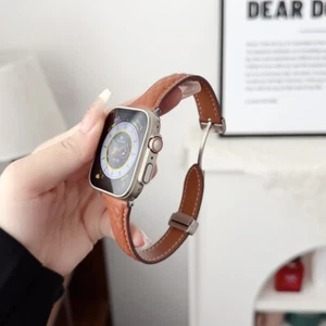 Slim Bnad Strap Leather 41//45/49mm For Apple Watch Ultra 2  Series 9 8 7 6 5 - Picture 1 of 17