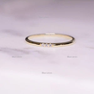 3 Diamond Pave Petite Band Solid in 14k Yellow Gold Ring Christmas Jewelry - Picture 1 of 3
