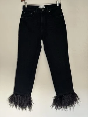 ZARA WOMAN  SLIM CROPPED JEANS WITH FEATHER TRIMS BLACK  USA SIZE 6 - Image 1 of 4