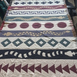 VTG Tapestry Throw Blanket Pattern With Snakes And Shapes Fringed Rare Find - Picture 1 of 7