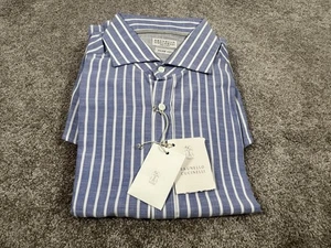 Camicia Brunello Cucinelli Uomo XL Blu Bianco Righe Slim Fit Abito Made Italy - Foto 1 di 14