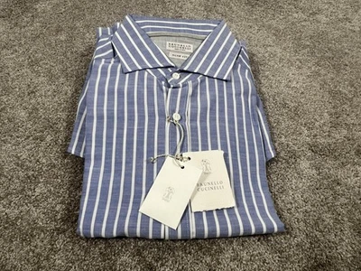 Camicia Brunello Cucinelli Uomo XL Blu Bianco Righe Slim Fit Abito Made Italy - Immagine 1 di 4
