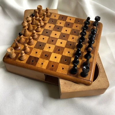 Antique Marquetry Portable Miniature Chess Board Game Pocket Wood Box Mini Toy - Image 1 of 4