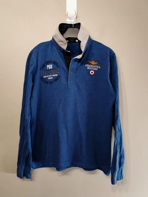 Camisa Polo Italiana Aeronautica Militare Azul Rugby Logo Bordado Manga Larga  Foto 1 de 4