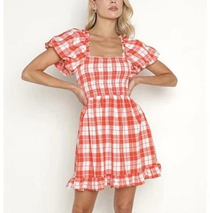 NWT Show Me Your Mumu XS Colvin Checkered Puff Sleeve Mini Dress Picnic Plaid - Picture 1 of 6