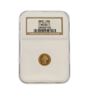 1858 $1 Gold Dollar Coin MS62 NGC Graded In Old Holder & Authenticated Genuine - Picture 1 of 2