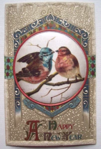 Birds silk inset embossed New Year postcard *S18 - Picture 1 of 2