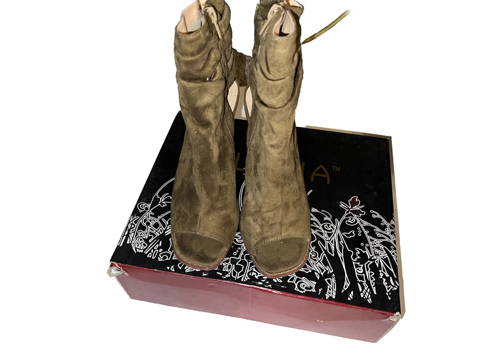 Liliana Anson-1 Ankle Boots Slouch Suede Peep Toe Chunky Heels Size 7 Gray - Image 1 of 4