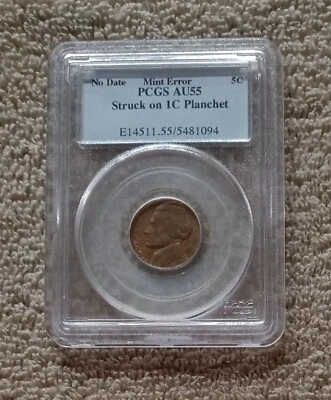 No Date Nickel Struck on Cent Planchet, Mint Error PCGS AU-55 - Image 1 of 4