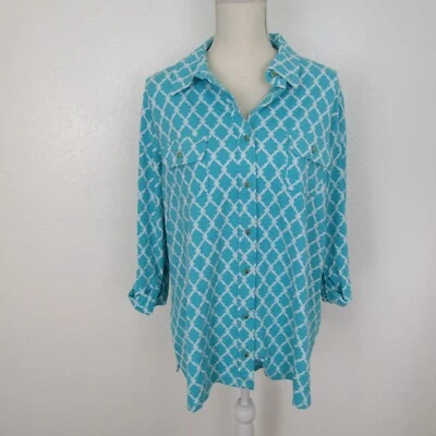 Charter Club Shirt Top Blouse Button-Up Collared Neck Womens 2X Teal Turquoise - Image 1 of 4