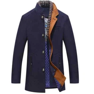 Men's Wool Coats Middle Long Scarf Collar Cotton-padded Thick Warm Woolen Coat - Picture 1 of 15