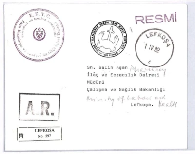 NORTE DE CHIPRE TRNC Cubierta Oficial MINISTERIO DE TRABAJO Lefkosa 1992 YW241 Foto 1 de 4