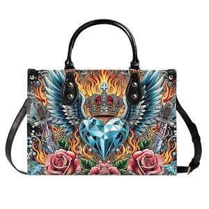 Angel Wings Genuine Leather Handbag Shoulder Bag Pocketbook Tattoo Heart Rose - Picture 1 of 13