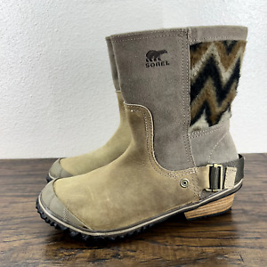 Sorel Womens Boots Size 7.5 Slim Shortie Waterproof Wool Aztec Slip On Taupe