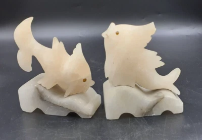 Hand Carved Alabaster Fish Bookends - Golden Eyes, ca.1930's 5" - Image 1 of 4