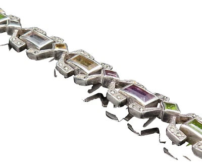 925 Silver  Vintage Rectangle Amethyst Topaz & Multi Stone Bracelet  BT9607 - Image 1 of 4