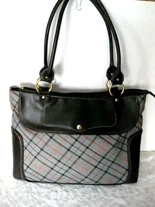 Bolso de Mano Grande Marrón Oscuro Glen Check Tweed e Imitación Cuero Usado en Excelente Condición - Imagen 1 de 11