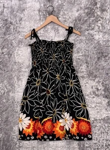 Vintage Anna Sui Dress XS Womens Black Silk Floral Tie Strap Smocked Mini - Picture 1 of 8