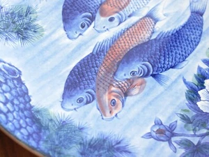 Japanese Blue Koi Fish * Large * Plate Lotus Charger Sun Ceramic w/ Sticker - Picture 1 of 5