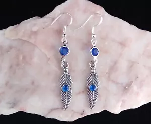 Tibetan Silver Feather, Blue Diamante Bead , 925 Silver Hook Earrings. Handmade. - Picture 1 of 6