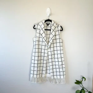 Tribal Women’s Plaid Open Front Longline Vest Fringe Detail Cream Size XS/S - Picture 1 of 11