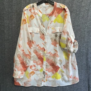 Calvin Klein Top Womens 3X Pink Floral Roll Tab Button Up Blouse Pockets Office - Picture 1 of 8