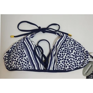 La Blanca Reversible Triangle Bikini Top Navy Blue White Print Striped Sz 10 $72 - Picture 1 of 5