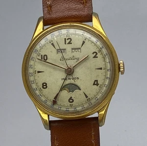 VINTAGE BREITLING MERVOS DATORA MOONPHASE TRIPLE DATE MANUAL WIND CAL VALJOUX 90 - Picture 1 of 13