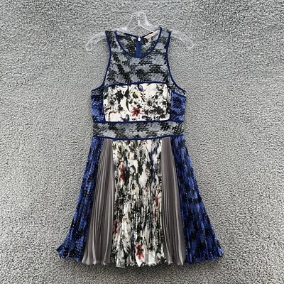 Rebecca Taylor Dress Womens 10 Blue Mixed Print Silk Pleated Flowy Knee Length - Image 1 of 4