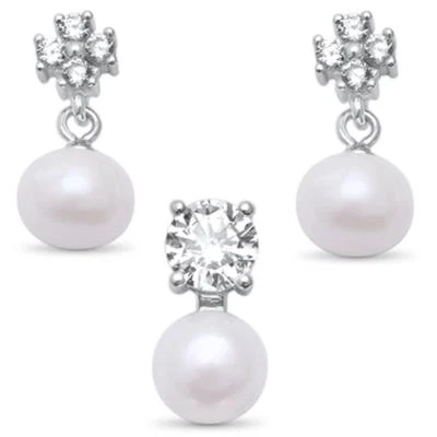 Pearl & Round Cubic Zirconia .925 Sterling Silver Earring and Pendant Set - Image 1 of 2