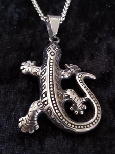 Großer, massiver Edelstahl-Gecko-Anhänger an Kette - Neu - 50 mm - 130 Karat - Bild 1 von 10