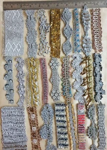 VERY RARE LOT Antique Vintage Sari TRIM LACE RIBBON 25 Pc  ZARI SEQUINS RNDM - Picture 1 of 8