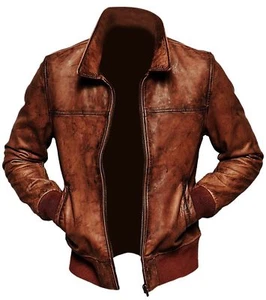 Mens Biker Vintage Distressed Brown Motorcycle Bomber Cafe Racer Leather Jacket - Picture 1 of 3