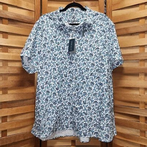 NWT Perry Ellis Men XXL Stretch Short Sleeve Shirt White Blue Flowers Polyester - Picture 1 of 8