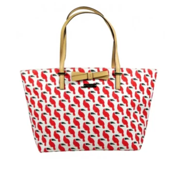 Bolso de hombro/tote Kate Spade rojo y blanco con estampado de tucán de lino Foto 1 de 4