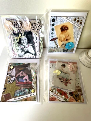 Lote de 4 Tarjetas Estilo Vintage Hechas a Mano para Todas las Ocasiones Floral Encaje Perlas Adorno Foto 1 de 4