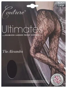 FISHNET TIGHTS Ladder Proof BLACK Floral Pattern COUTURE Ultimates Alexandra M L - Picture 1 of 8